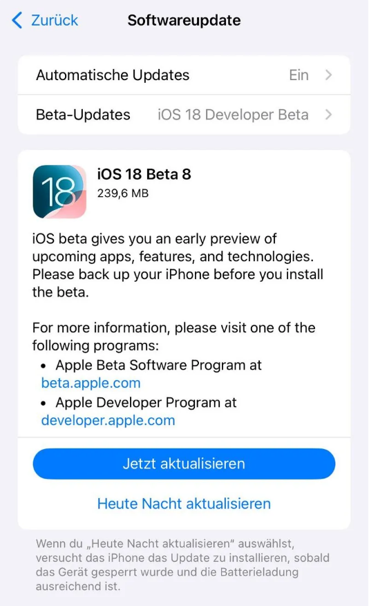 阜沙镇苹果手机维修分享苹果 iOS / iPadOS 18 开发者预览版 Beta 8 发布 